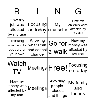 Recovery Bingo Card