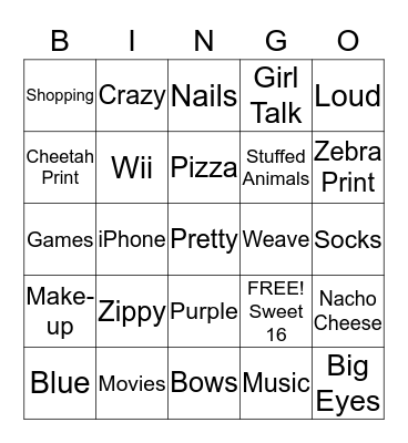 Z'Andria Sweet 16 BINGO Card