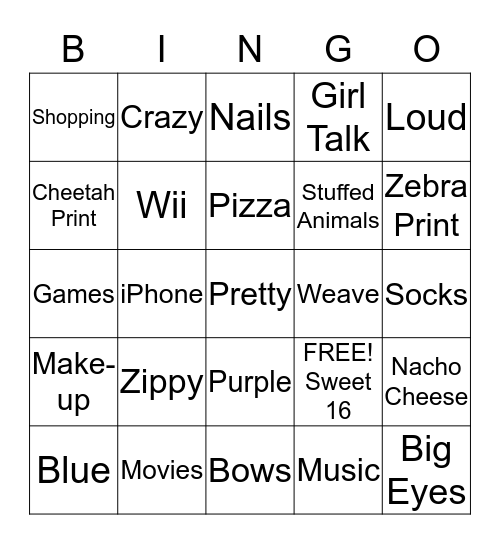Z'Andria Sweet 16 BINGO Card