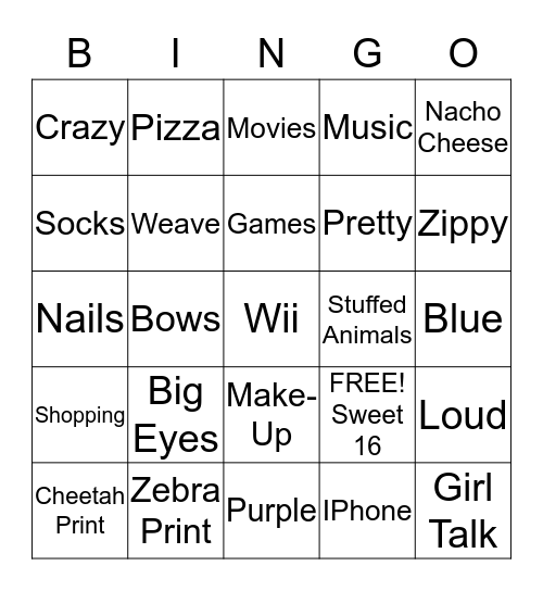 Z'Andria Sweet 16 BINGO Card