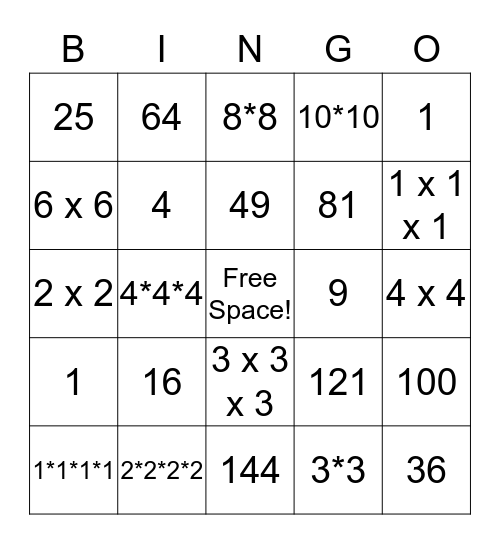 Exponents! Bingo Card