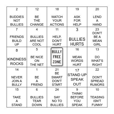 DON'T BE A BULLY! Bingo Card
