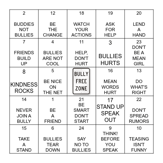 DON'T BE A BULLY! Bingo Card