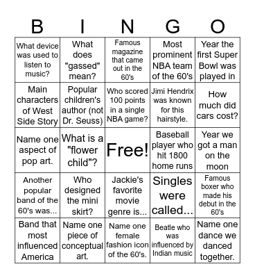 60's bingo Card