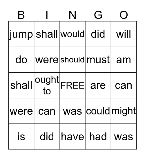 Verb Bingo Card