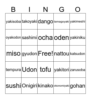 Japanese Food Bingo Card