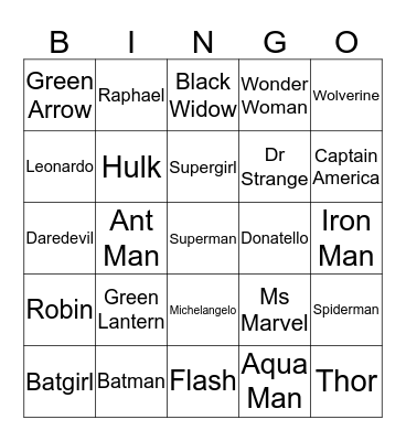 Superheroes Bingo Card