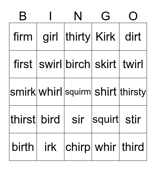 "ir" bingo Card