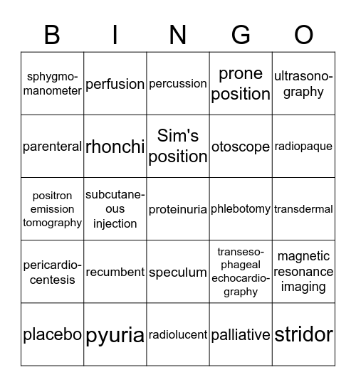 Diagnostic Procedures, Nuclear Medicine, and Pharmacology Part 2 Bingo Card