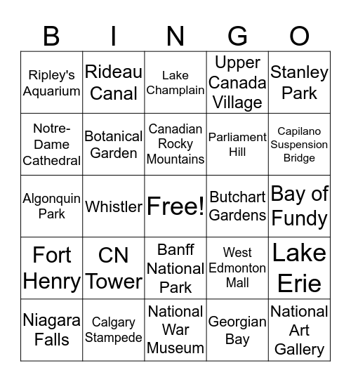 Canada 150 Bingo Card