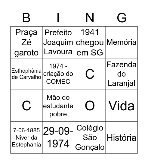 Bingo da Memória Bingo Card