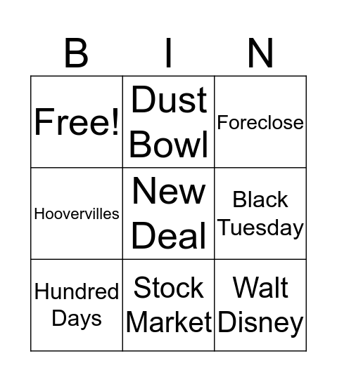 Unit 13: Great Depression and the New Deal Bingo Card