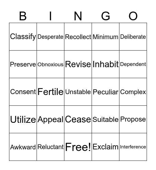 Vocabulary Bingo Card