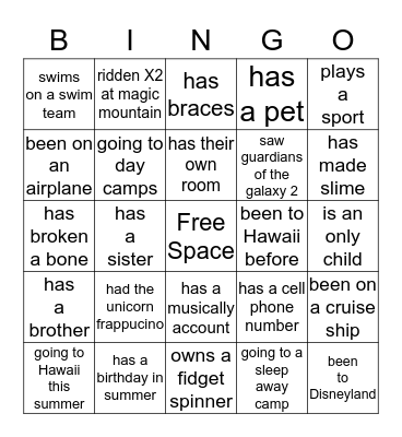 McGowan Class Bingo Card