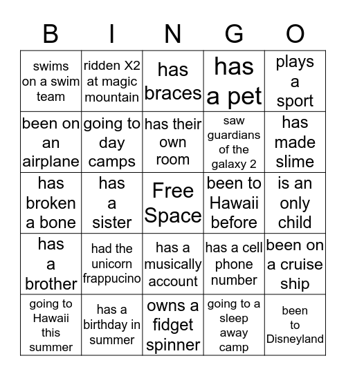 McGowan Class Bingo Card