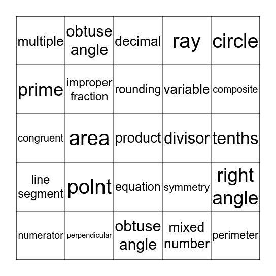 math words Bingo Card