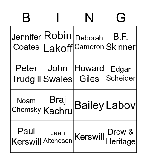 English Language Theorists Bingo Card