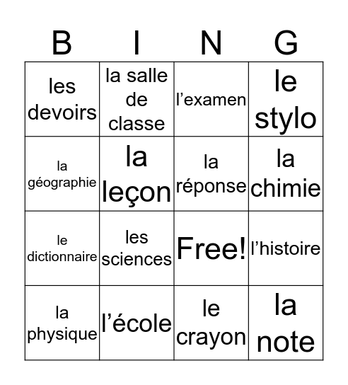 French School Vocab Bingo Card