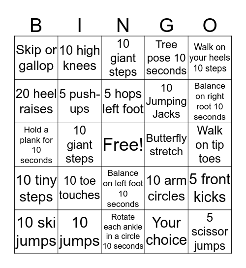 Bingo in Motion  Bingo Card