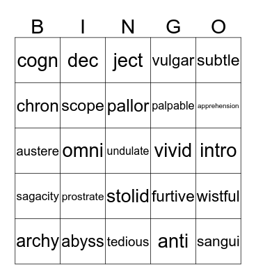 Caesar's English Bingo Card
