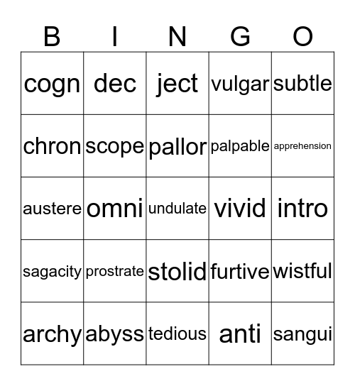 Caesar's English Bingo Card