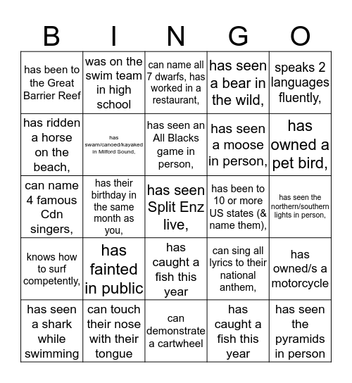 find a different person for each box, record name, prize for full line! Bingo Card