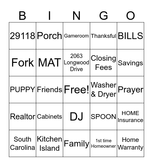 Kishia's Housewarming  Bingo Card