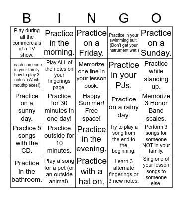 7th/8th Grade Summer Practice! Bingo Card