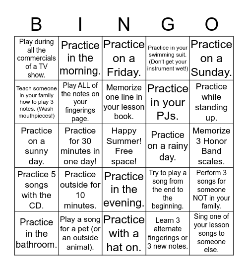 7th/8th Grade Summer Practice! Bingo Card