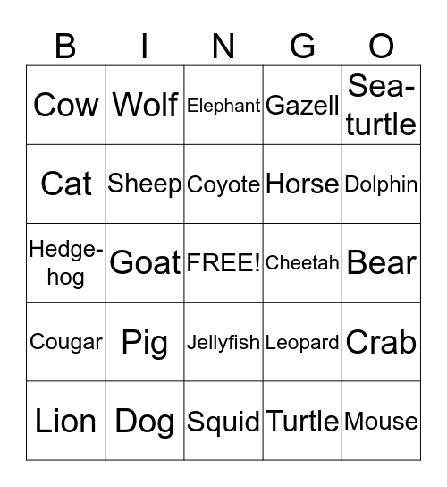 Animals Bingo Card