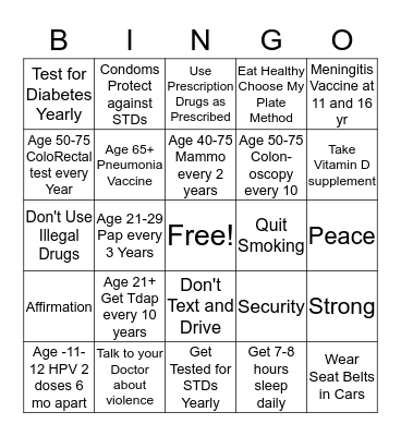 Women's Health Bingo Card