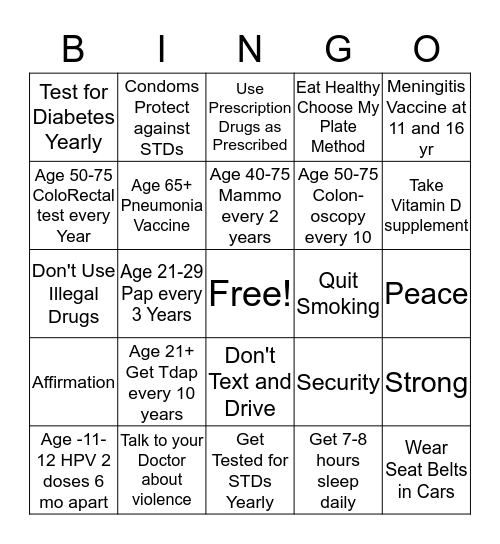 Women's Health Bingo Card