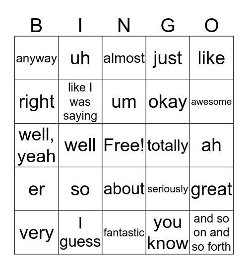 CRUTCH WORD BINGO Card