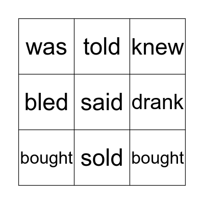 Irregular Verbs Bingo Card