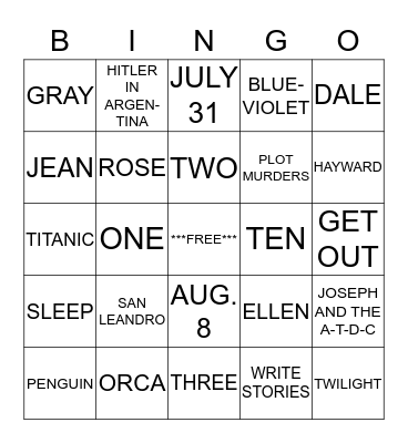 NATALIE Bingo! Bingo Card