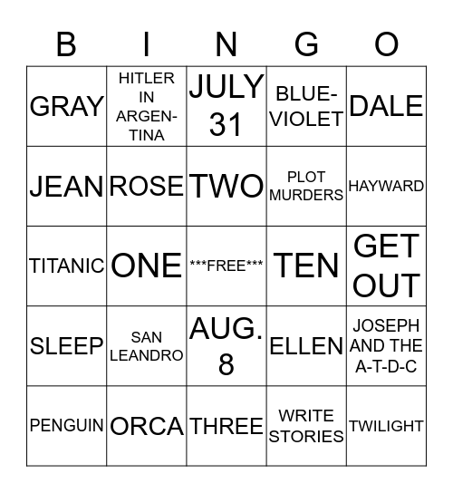 NATALIE Bingo! Bingo Card