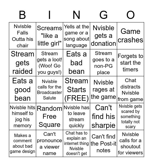 Nvisble Stream Bingo Card