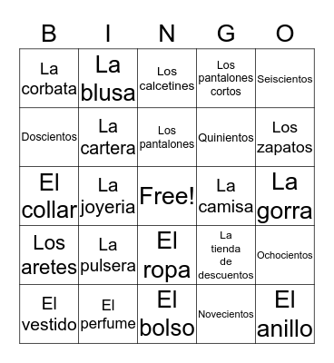 La Ropa, Los Precios, y los tiendas  Bingo Card