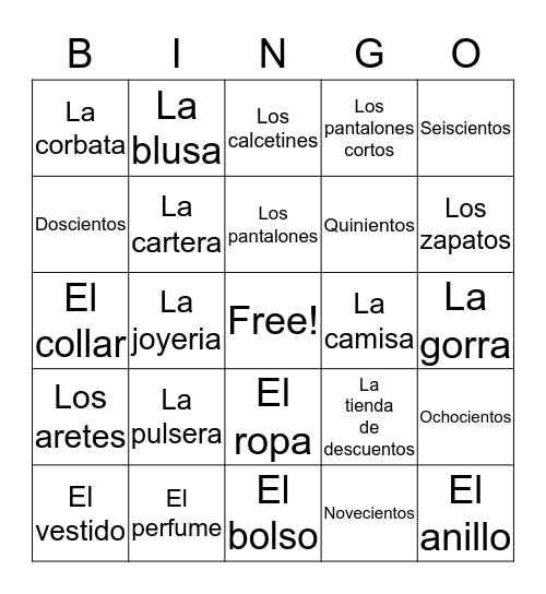 La Ropa, Los Precios, y los tiendas  Bingo Card