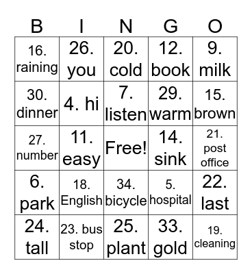 Words (Lesson 1 - 8) Bingo Card