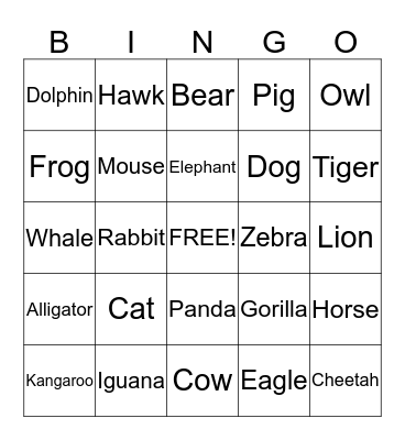 Animal Bingo  Bingo Card