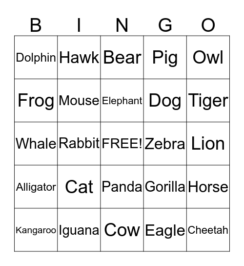 Animal Bingo  Bingo Card
