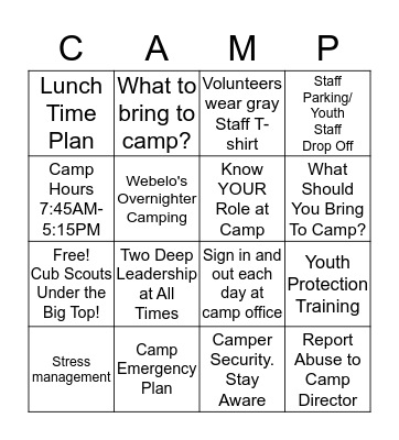 Staff Training- Big Top Fun! Bingo Card