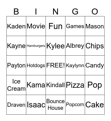 Family Movie Night Bingo Card