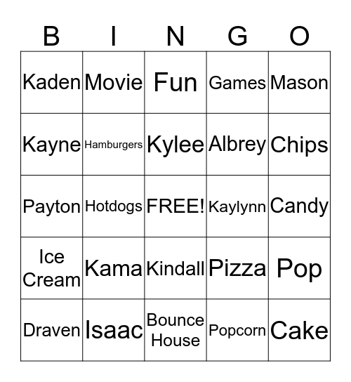 Family Movie Night Bingo Card
