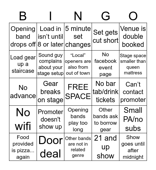 Indie Touring Band Bingo Card