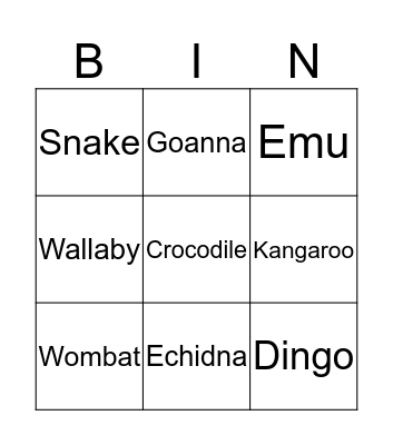 Aboriginal Animals  Bingo Card