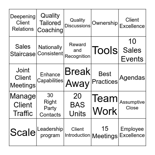 Break Away Bingo Card