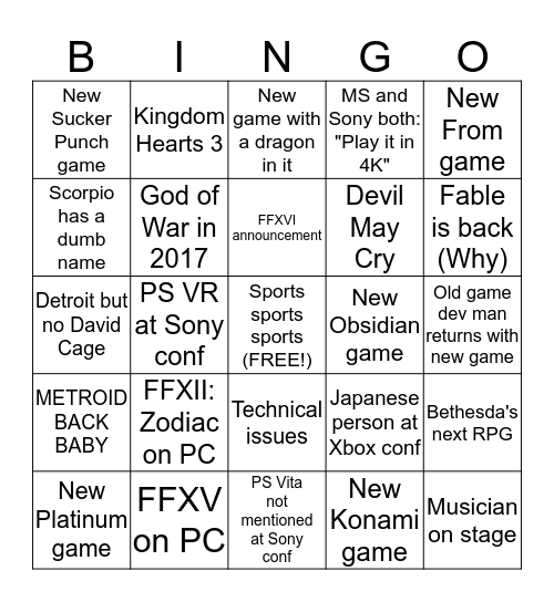 E3 2017 BINGA Bingo Card