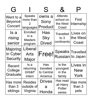 GIS&P BINGO ICE BREAKER  Bingo Card